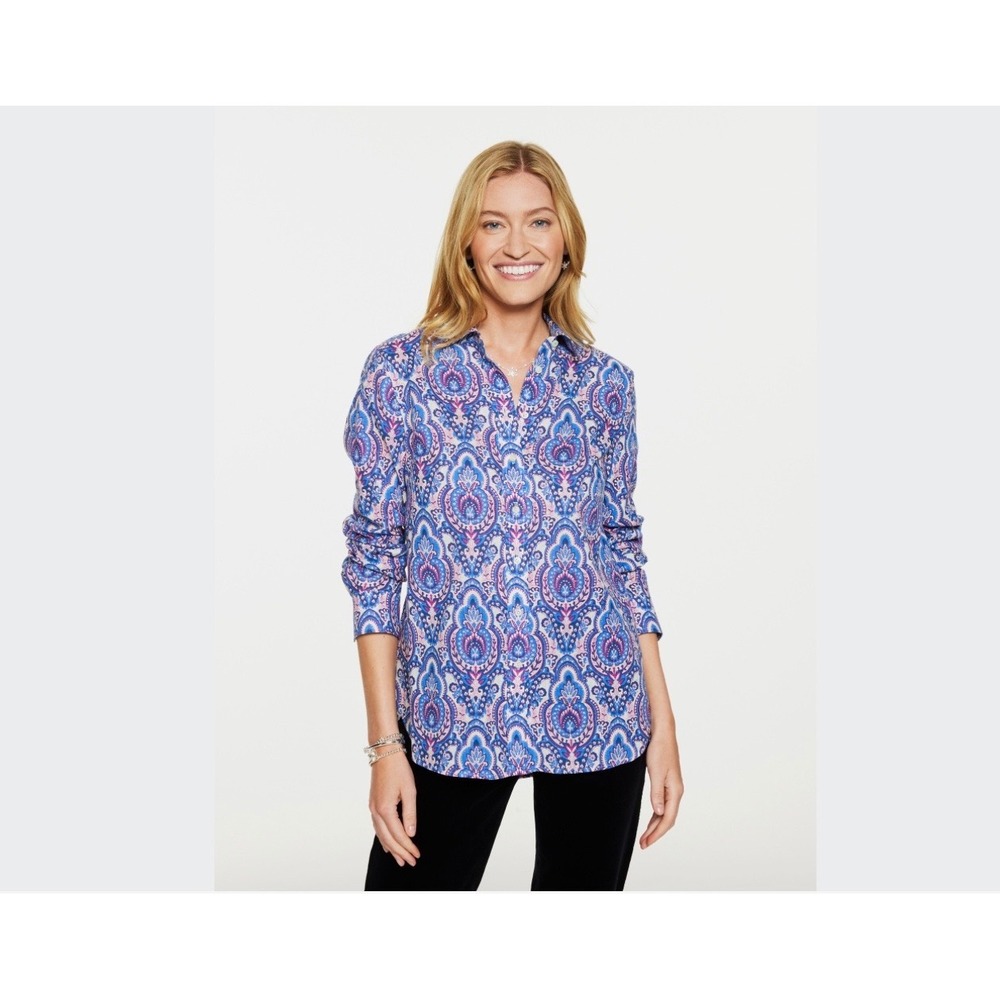 Talbots Plus 1X Paisley Button Down Shirt Blue Purple Metallic Lurex Cotton NEW